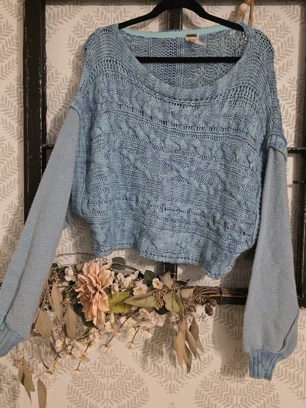 Free People Sky Blue Cable Knit Crewneck Sweater